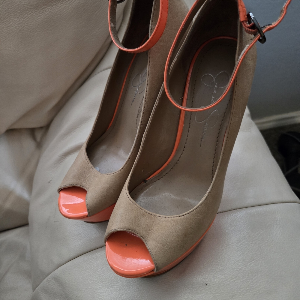 Jessica Simpson Tan and Orange Peep-Toe Heels